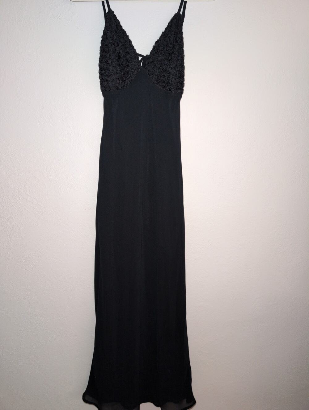 Little Black Dress XS Maxi Sheer Lined Rosettes Backless Plunging Neckline